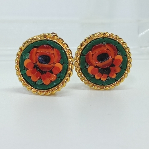 * vintage micro mosaic flower gold tone clip on earrings - Picture 2 of 7
